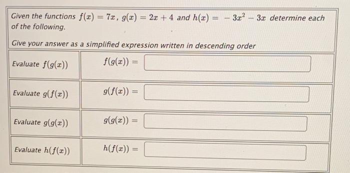 Solved Function Composition Given the functions f(x) = 3r | Chegg.com
