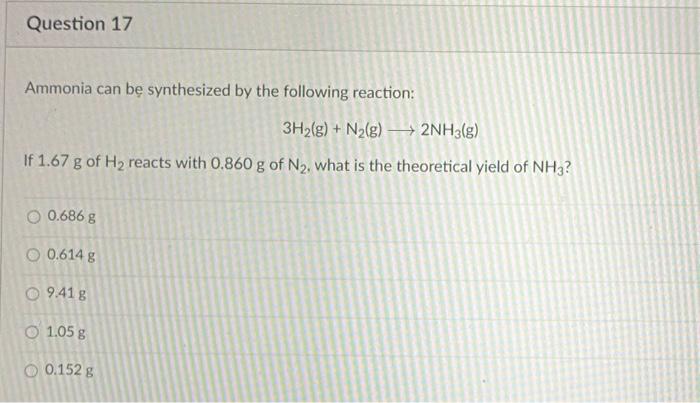 Solved Question 17 Ammonia can be synthesized by the | Chegg.com