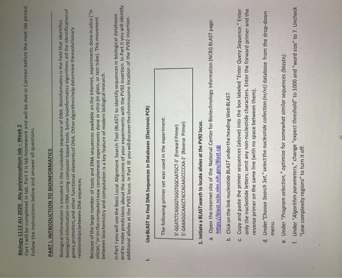 Biology 1113 AU 2020 Alu polymorphism lab Week 2