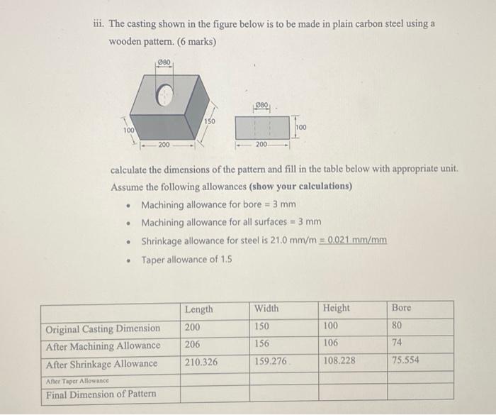 Solved iii. The casting shown in the figure below is to be | Chegg.com