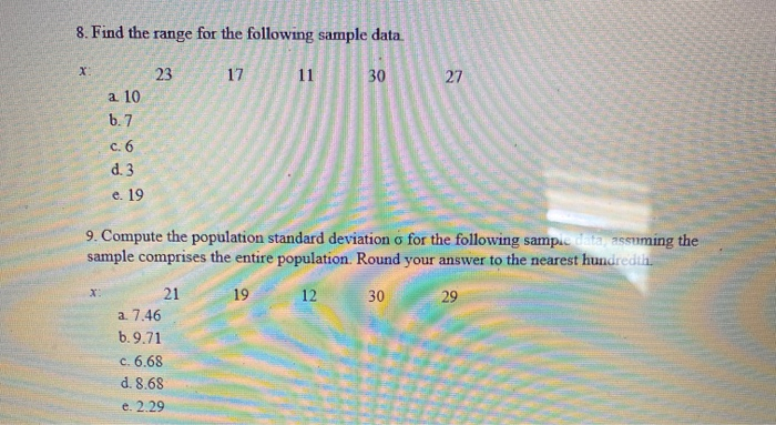 Solved 8. Find the range for the following sample data X 23 | Chegg.com