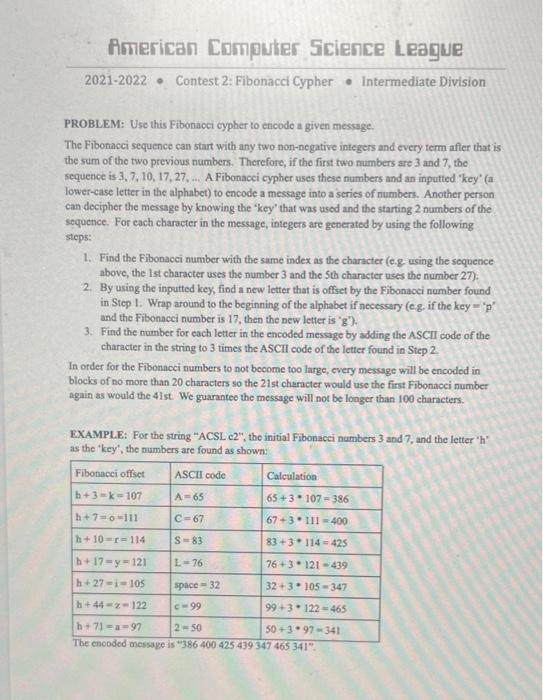 Solved American Computer Science League 20212022 • Contest