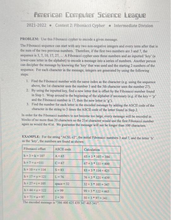 Solved American Computer Science League 2021-2022 • Contest | Chegg.com