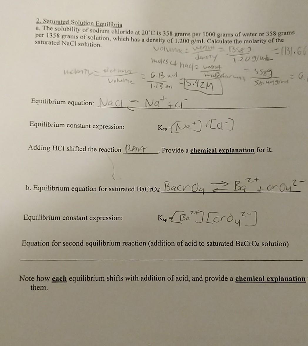 Solved 2. Saturated Solution Equilibria a. Equilibrium | Chegg.com