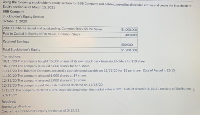 Solved Using The Following Stockholder's Equity Section For | Chegg.com