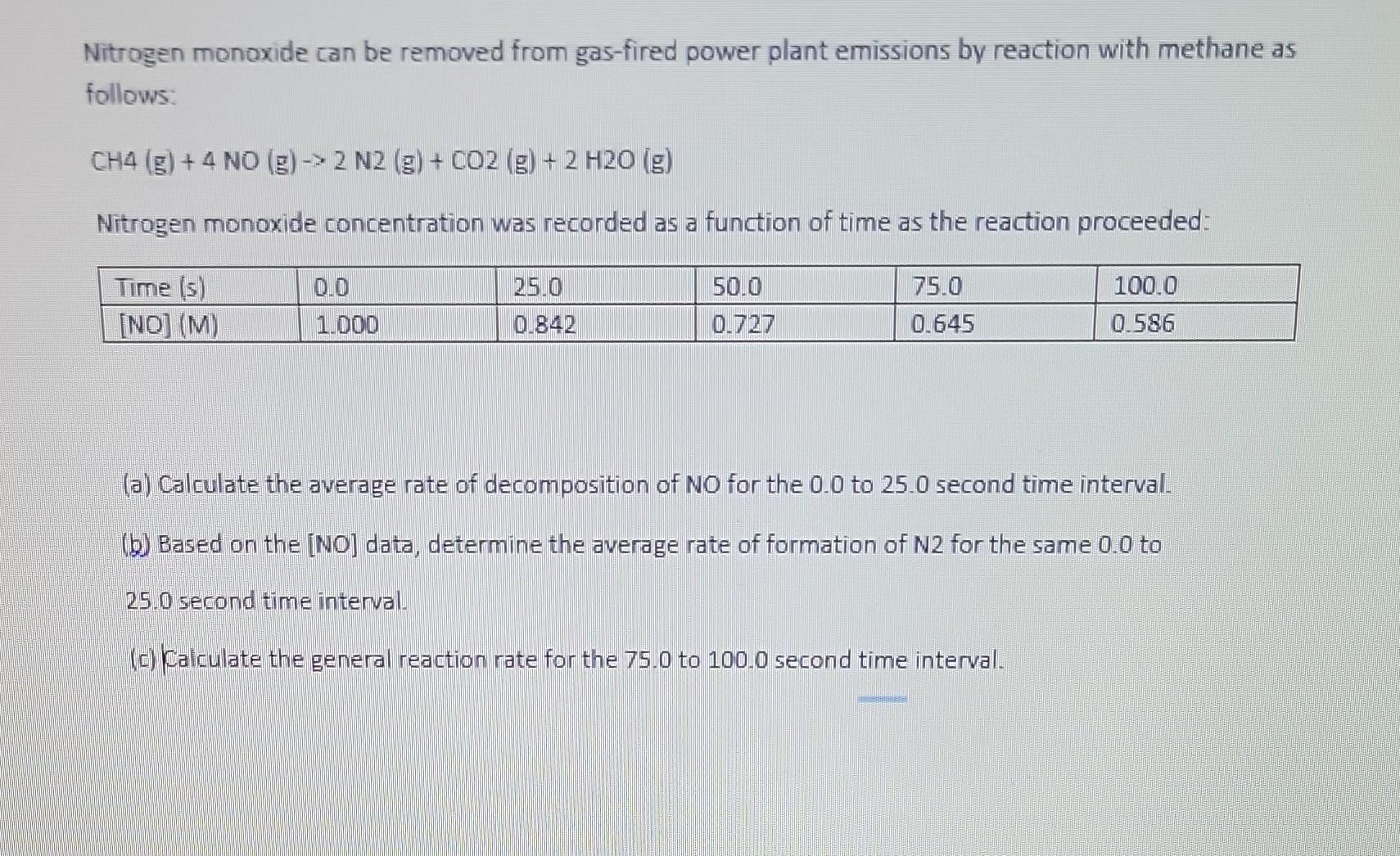 Nitrogen monoxide can be removed from gas-fired power plant emissions by reaction with methane as follows:
\[
\mathrm{CH} 4(\