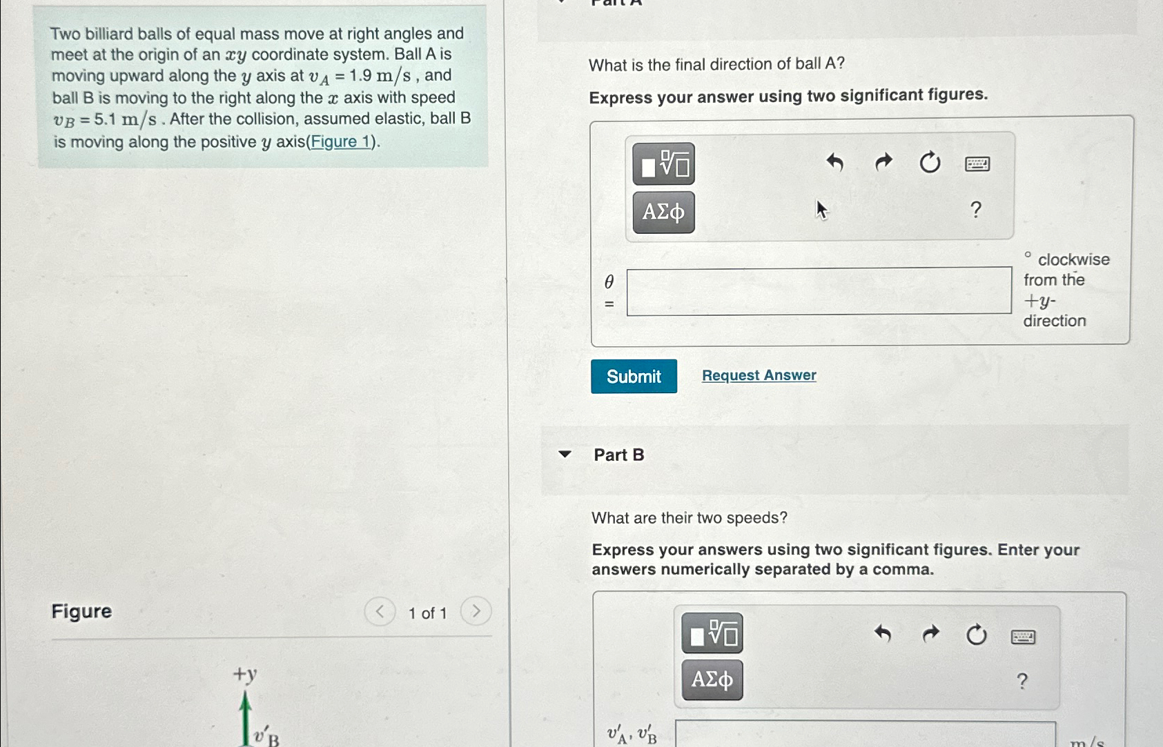 Two billiard balls of equal mass move at right angles