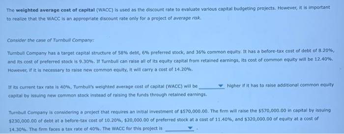 Solved The weighted average cost of capital (WACC) used as | Chegg.com