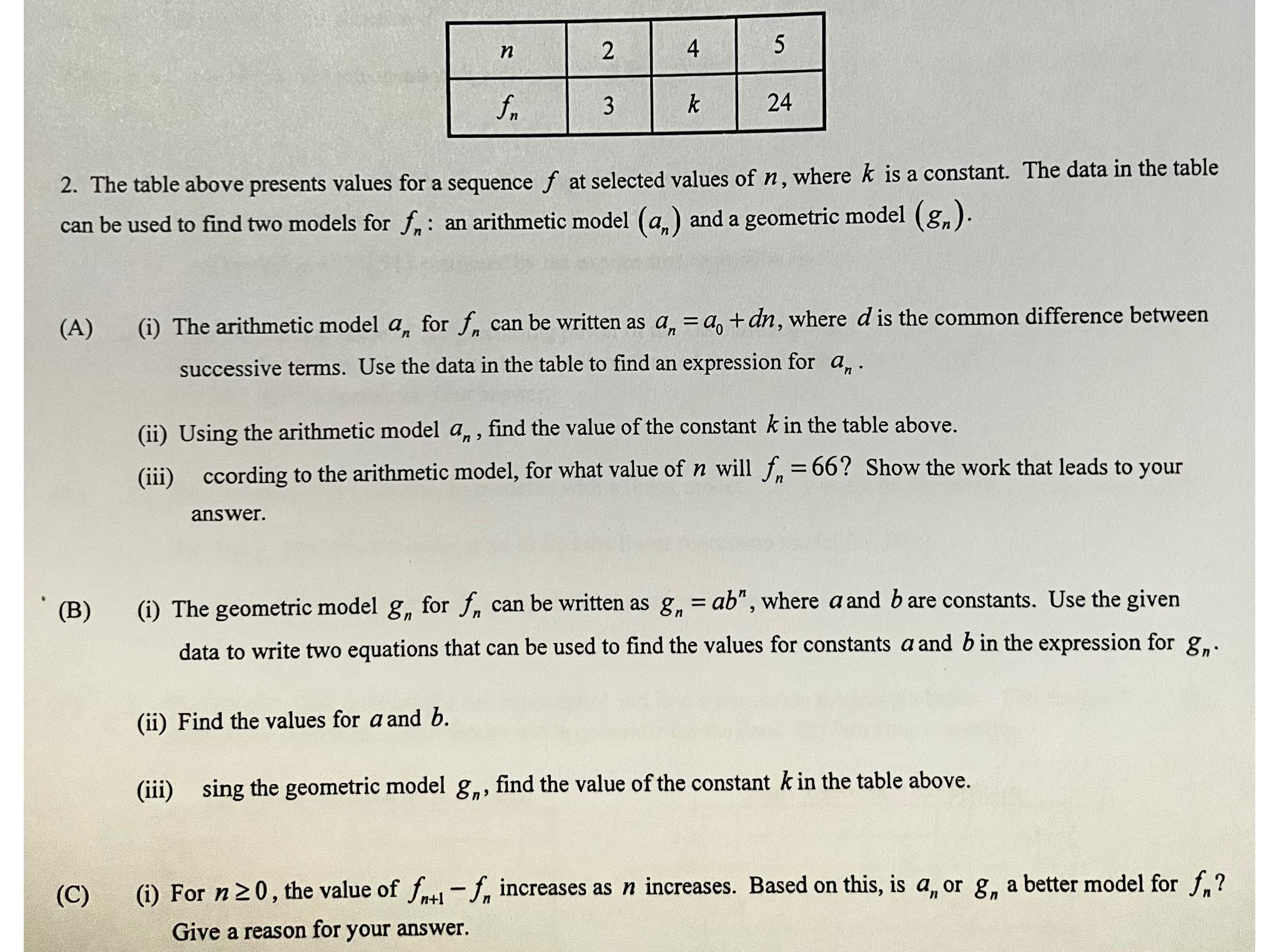 Solved \table[[n,2,4,5],[fn,3,k,24]]The table above presents | Chegg.com