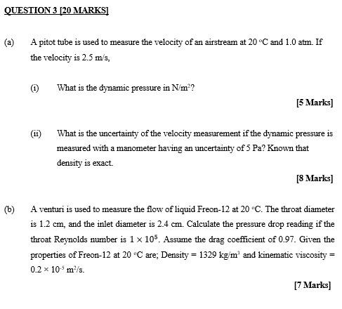 Solved QUESTION 3 [20 MARKS] A pitot tube is used to measure | Chegg.com