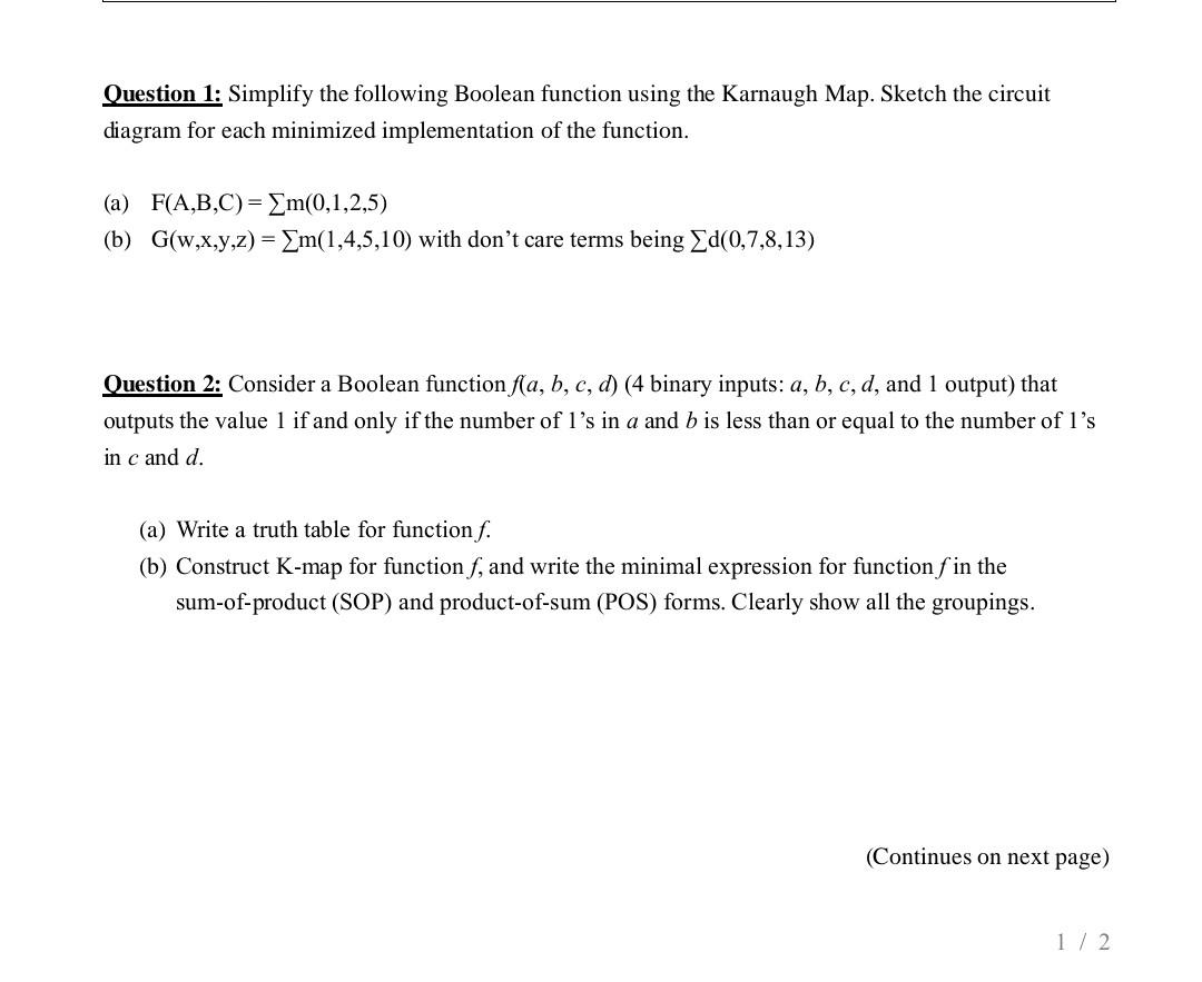 Solved Question 1: Simplify The Following Boolean Function | Chegg.com