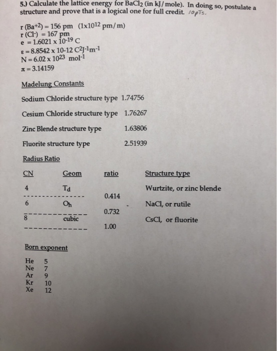 Solved 5) Calculate the lattice energy for BaCl2 (in | Chegg.com