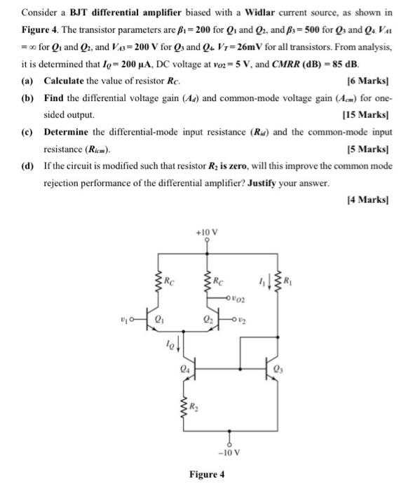 Solved Consider a BJT differential amplifier biased with a | Chegg.com
