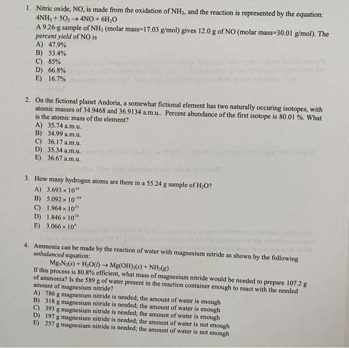 Solved 1. Nitric oxide, NO, is made from the oxidation of