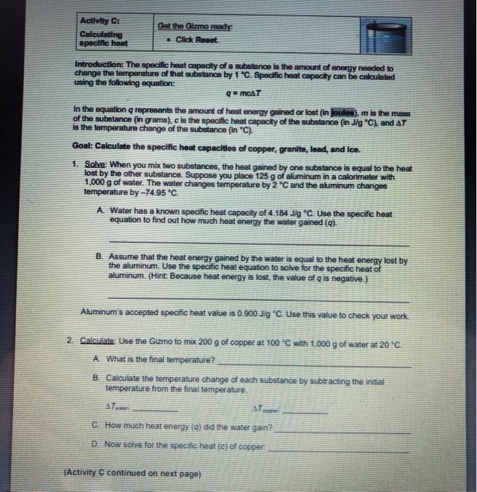 Solved Activity C Calculating Specific Host Get The Gizm Chegg Com