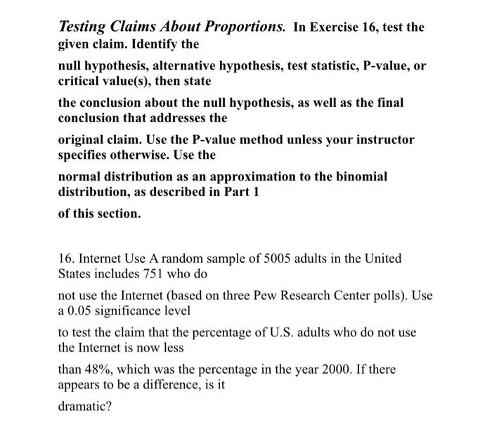 Solved Testing Claims About Proportions. In Exercise 16, | Chegg.com