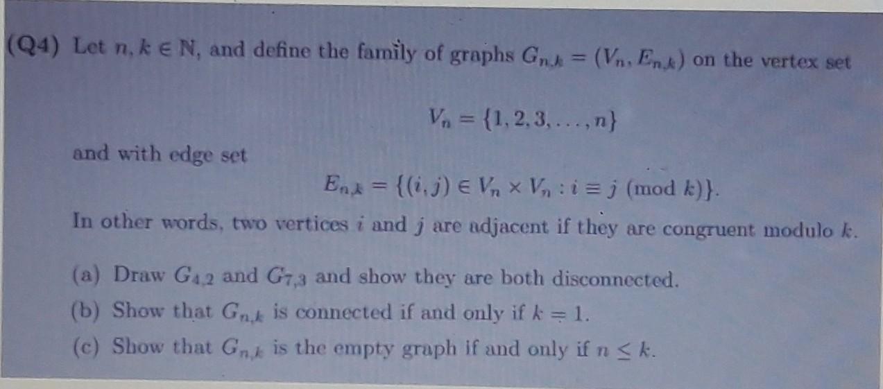 Solved Q4 Let N K E N And Define The Family Of Graphs Chegg Com