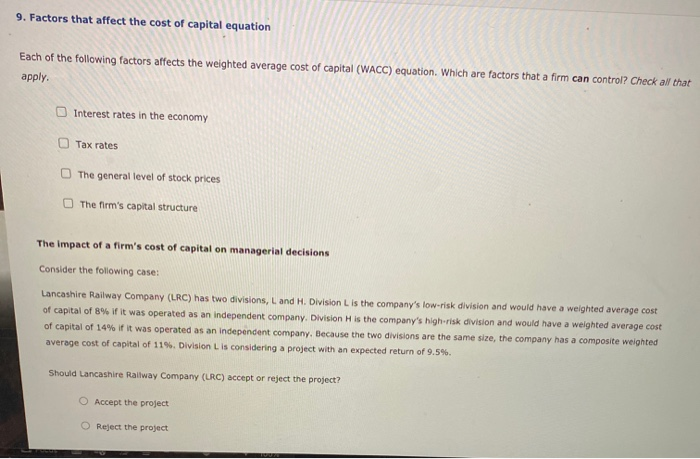 Solved 9. Factors that affect the cost of capital equation | Chegg.com