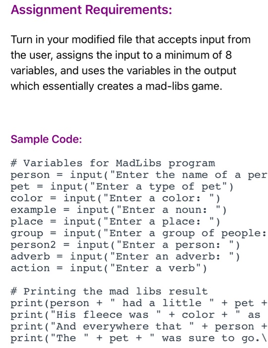 Solved Programming Practice 2.2: Madlibs 15 pts Not | Chegg.com