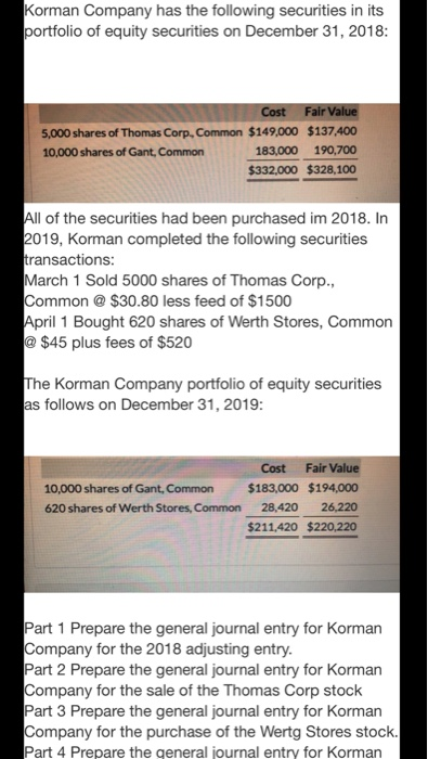 Korman Pany Has The Following Securities In Its Chegg 