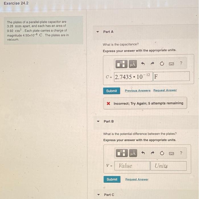 Solved Exercise 24.2 The plates of a parallel-plate | Chegg.com