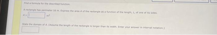 Solved Find a formols for the described function A rectangle | Chegg.com
