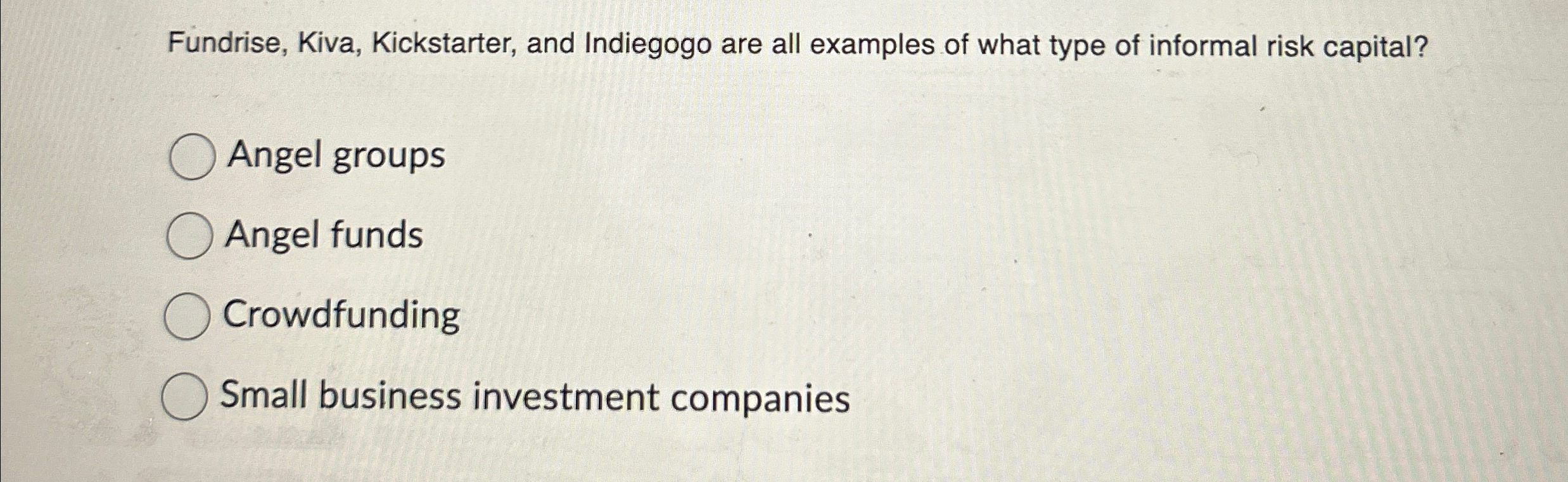 Solved Fundrise, Kiva, Kickstarter, and Indiegogo are all | Chegg.com