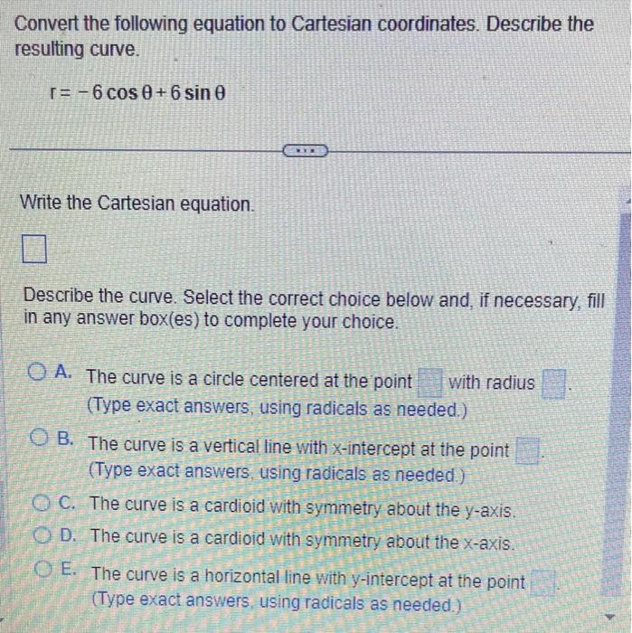 Convert the following equation to Cartesian coordinates. Describe the resulting curve.
\[
r=-6 \cos \theta+6 \sin \theta
\]
W