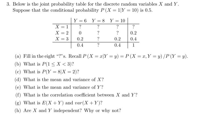 Solved 3. Below Is The Joint Probability Table For The | Chegg.com