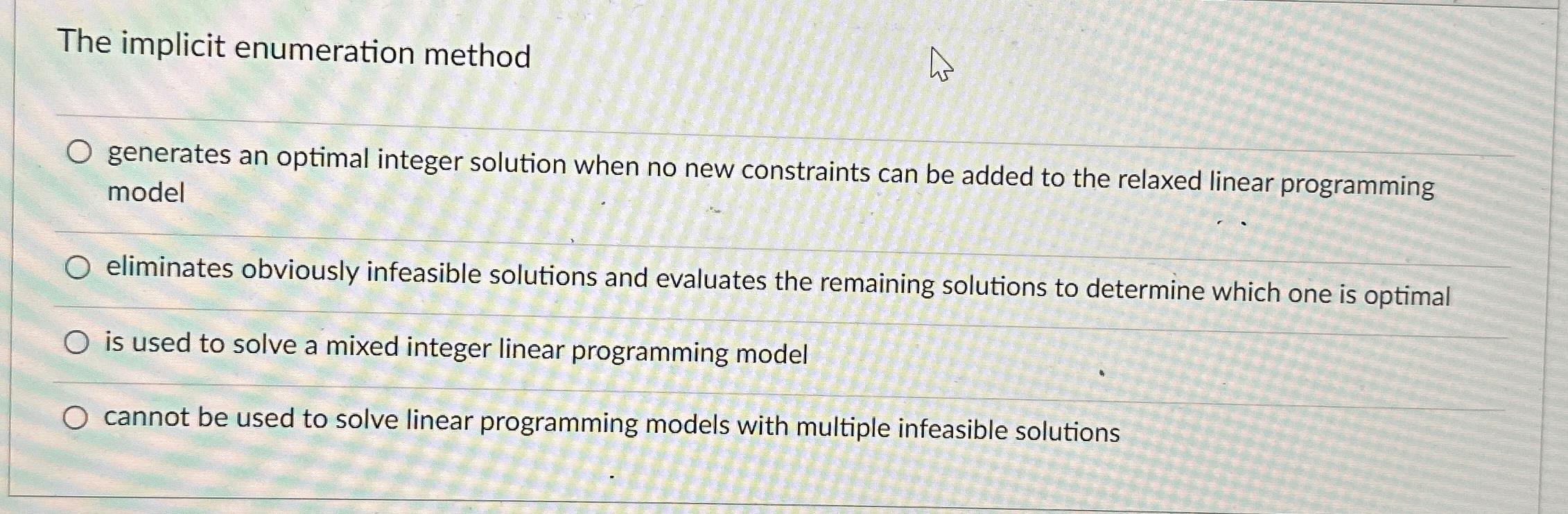 The implicit enumeration methodgenerates an optimal | Chegg.com