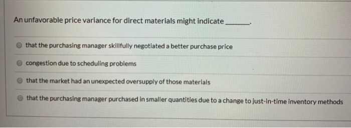 Solved An unfavorable price variance for direct materials | Chegg.com