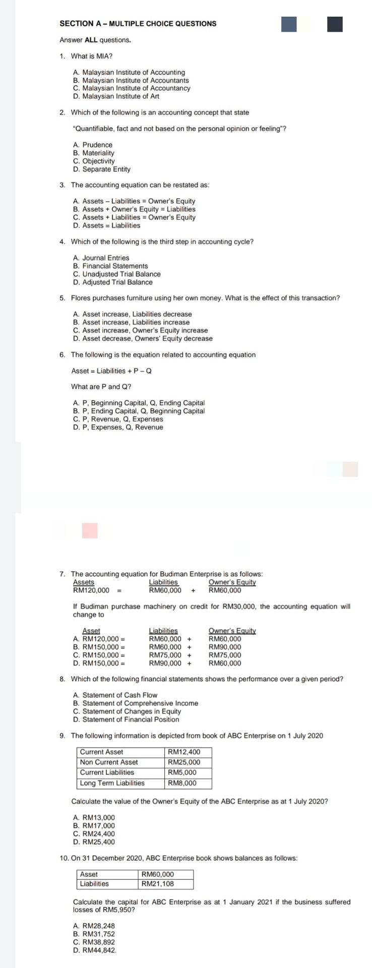 Solved SECTION A-MULTIPLE CHOICE QUESTIONS Answer ALL | Chegg.com