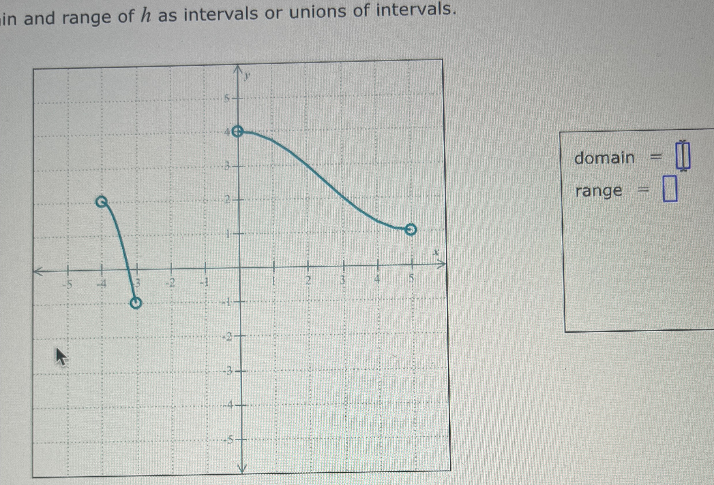 Solved in and range of h ﻿as intervals or unions of | Chegg.com