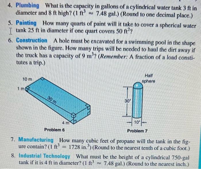 4. Plumbing What is the capacity in gallons of a cylindrical water tank \( 3 \mathrm{ft} \) in diameter and \( 8 \mathrm{ft}