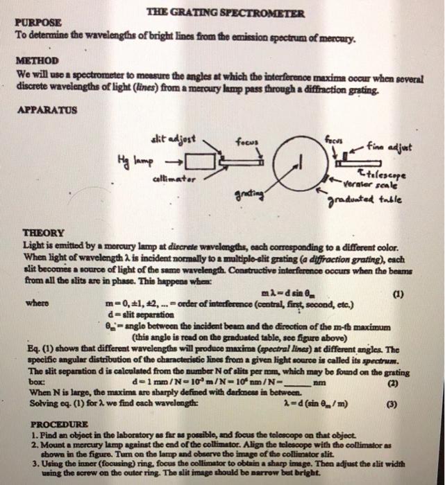 Solved THE GRATING SPECTROMETER PURPOSE To determine the