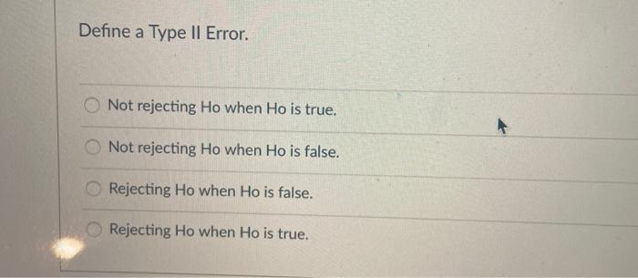 Solved Define a Type II Error. Not rejecting Ho when Ho is | Chegg.com