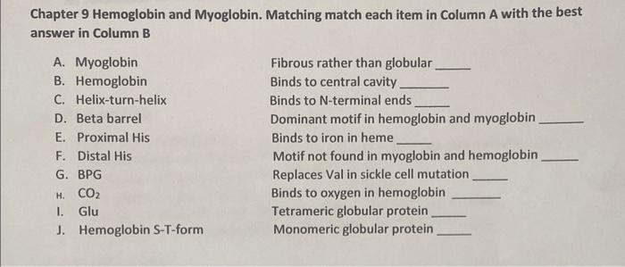 Solved Chapter 9 Hemoglobin And Myoglobin. Matching Match | Chegg.com