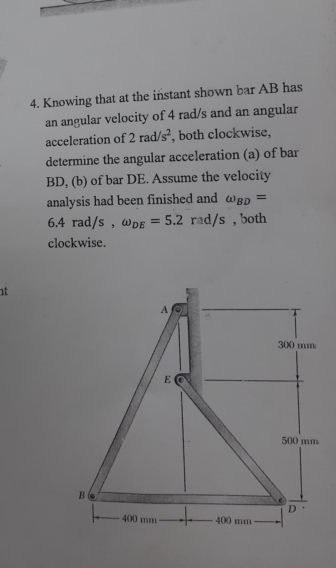 Solved 4. Knowing that at the instant shown bar AB has an | Chegg.com