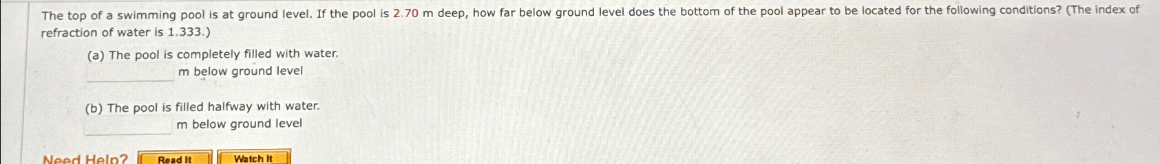 Solved refraction of water is 1.333. )(a) ﻿The pool is | Chegg.com
