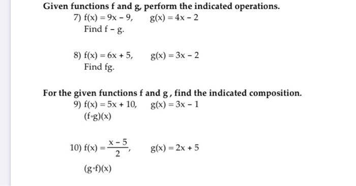 Solved Given Functions F And G Perform The Indicated