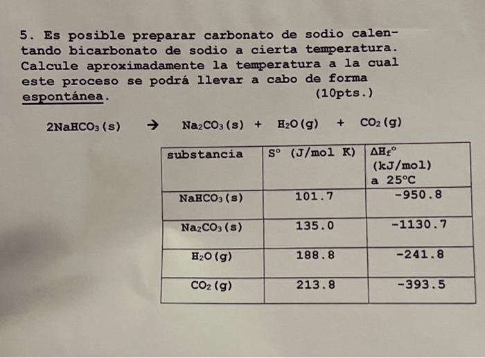 5. Es posible preparar carbonato de sodio calentando bicarbonato de sodio a cierta temperatura. Calcule aproximadamente la te