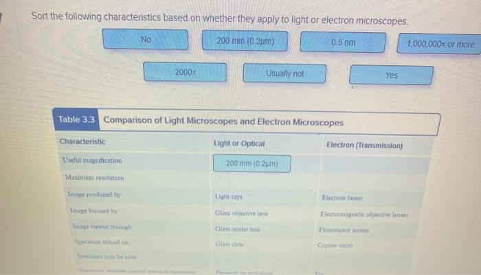 Sort the following characteristics based on whether they apply to light or electron microscopes NO 200 mm (0.2m) 0.5 mm 1,000