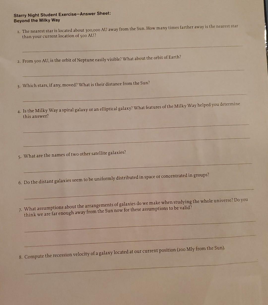 Solved Starry Night Student ExerciseAnswer Sheet Beyond