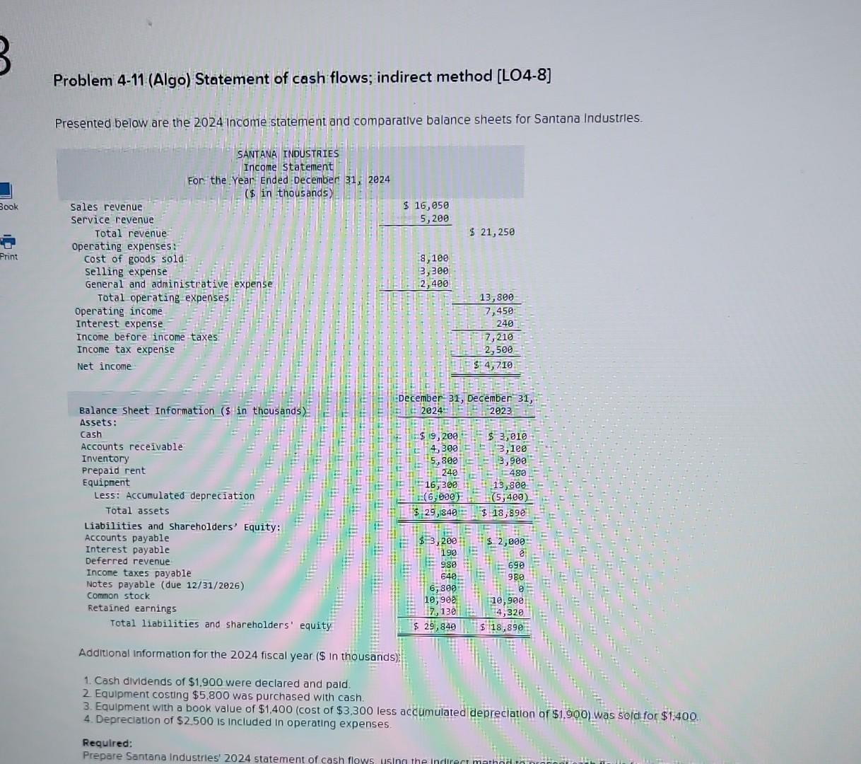 Solved Problem 4 11 Statement Of Cash Flows; Indirect Method | Cheggcom