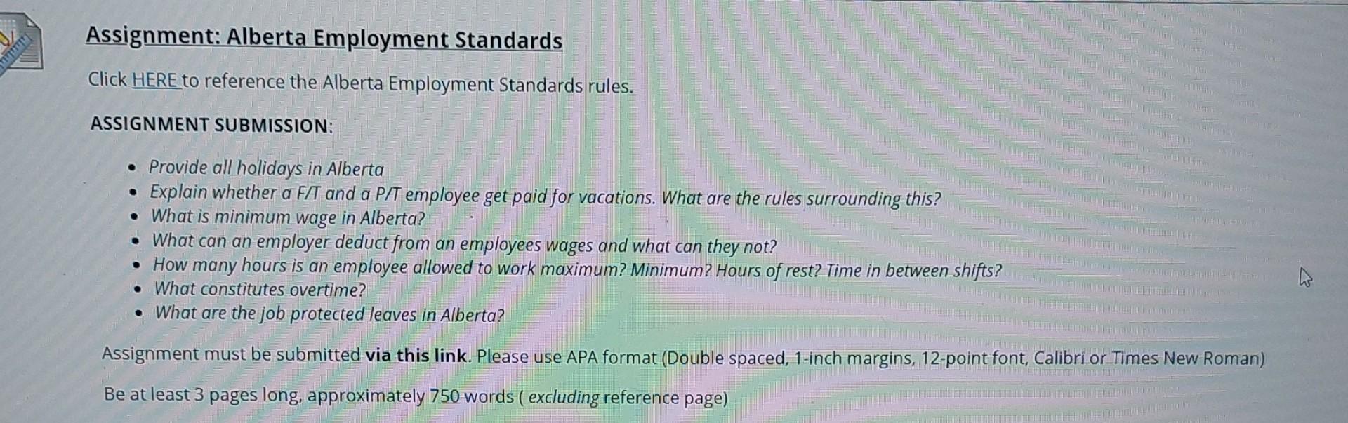 Solved TITI Assignment Alberta Employment Standards Click