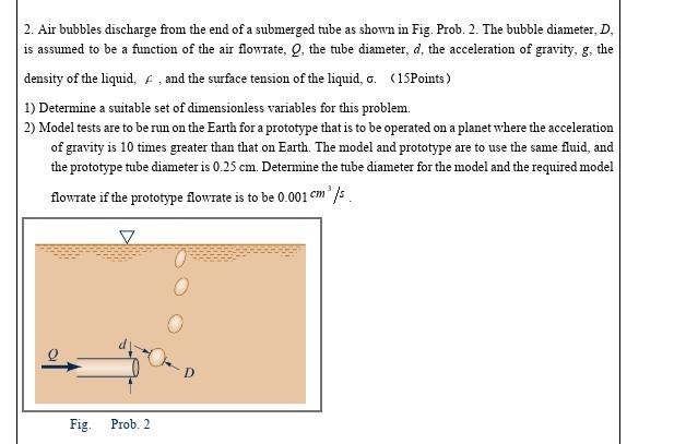 2. Air bubbles discharge from the end of a submerged tube as shown in Fig. Prob. 2. The bubble diameter, \( D \), is assumed