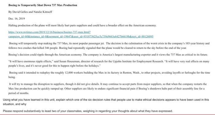 Solved Boeing to Temporarily Shut Down 737 Max Production By | Chegg.com
