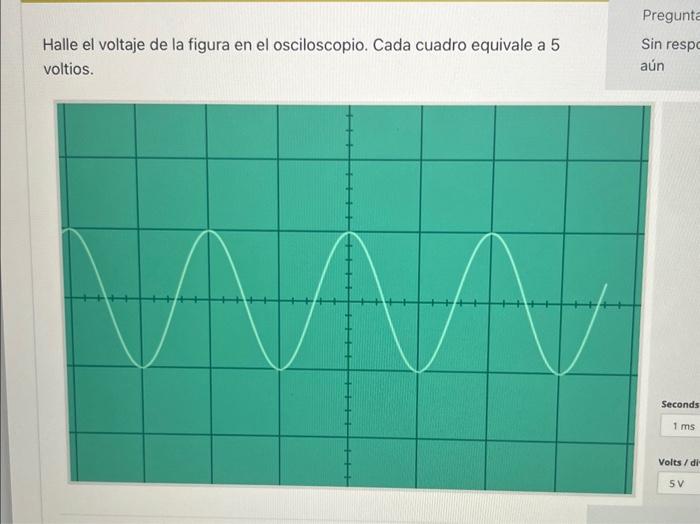 Pregunt Halle el voltaje de la figura en el osciloscopio. Cada cuadro equivale a 5 Sin respo voltios. aún