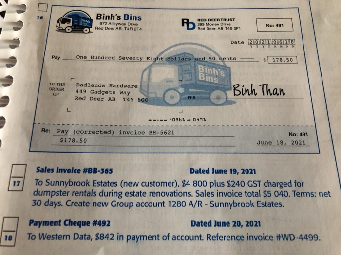 Solved Binh's Bins RED DEER TRUST 399 Money Drive Red Deer,