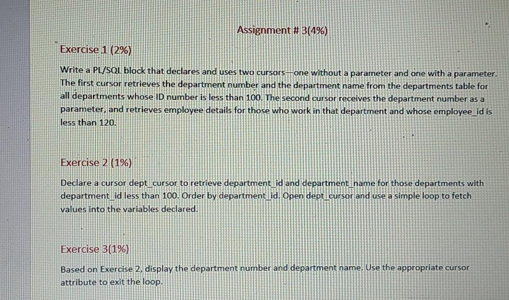 Solved Assignment # 3(4%) Exercise 1 (2%) Write a PL/SQL | Chegg.com